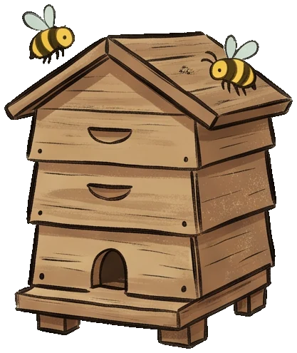 A wooden beehive with two courier bees