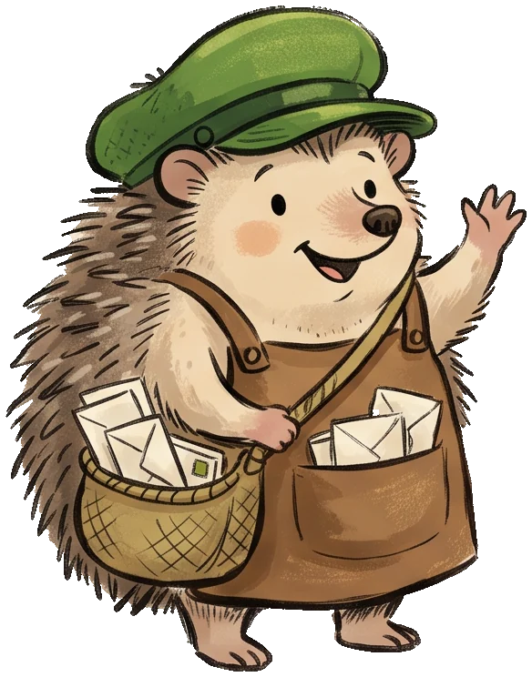 Burdock the hedgehog waving, with a satchel full of letters