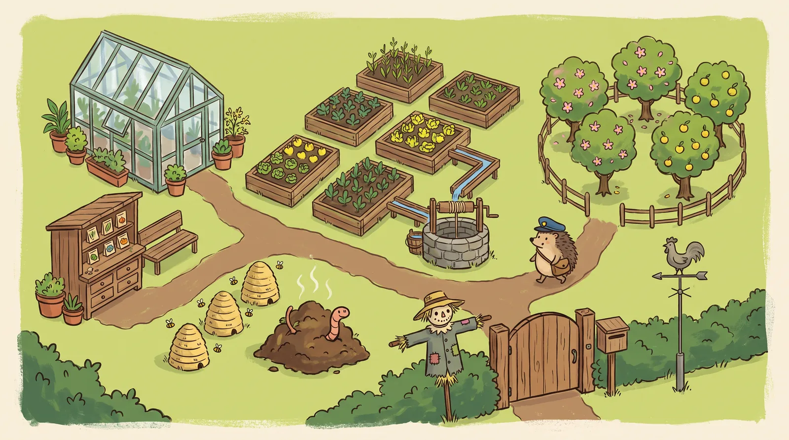 Illustrated top down map of the Sproutwick garden with a greenhouse, seed shed, raised beds, orchard, beehives, compost heap, well, scarecrow, gate and weather vane.