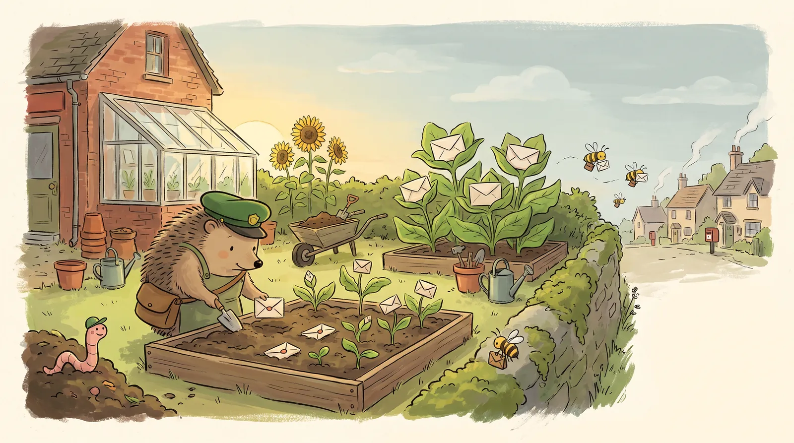 Burdock the hedgehog, in a green postal cap, plants sealed envelopes in a raised bed. Older envelopes have sprouted into leafy plants and bees carry letters toward a village.